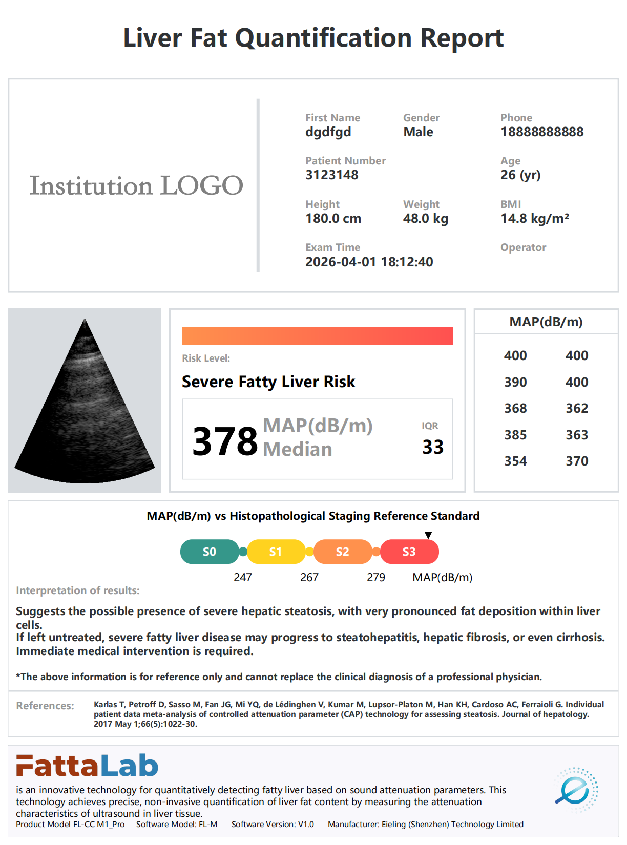 FattaLab liver fat measurement report displayed on portable device screen