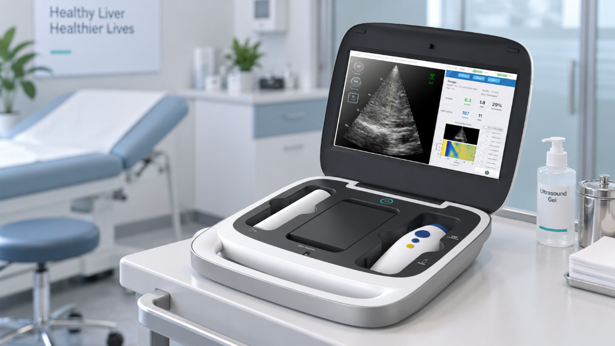 Liverscan C combines real-time B-mode guidance and a wireless probe for point-of-care liver stiffness and fat assessment.