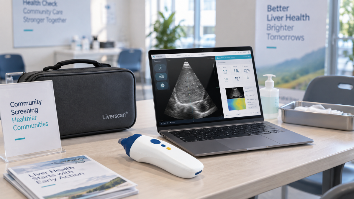 Liverscan Mobile pairs a wireless probe with a laptop for guided liver stiffness and fat assessment in community screening.