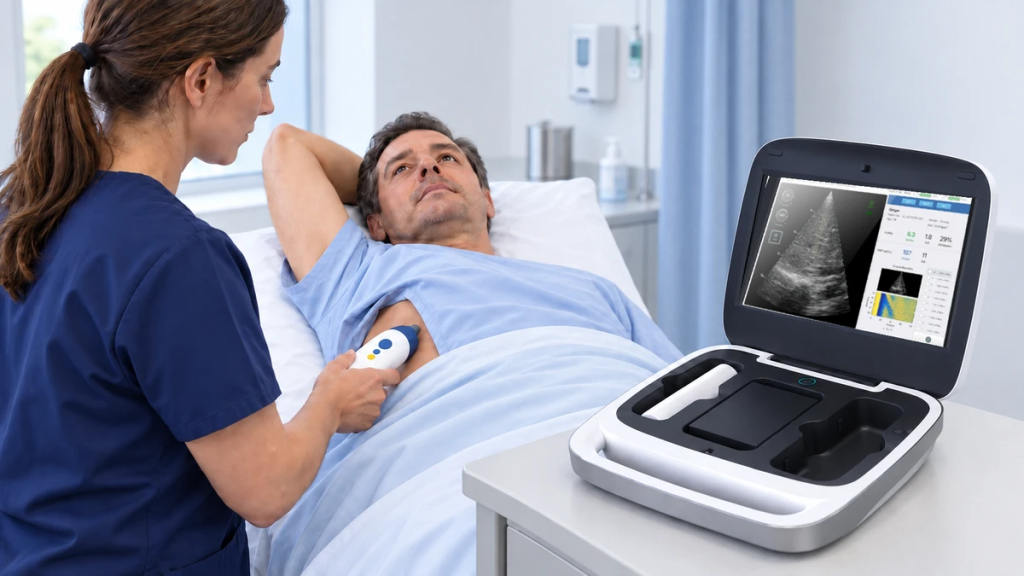 Standardized Liverscan C acquisition with consistent supine positioning and real-time B-mode-guided targeting.
