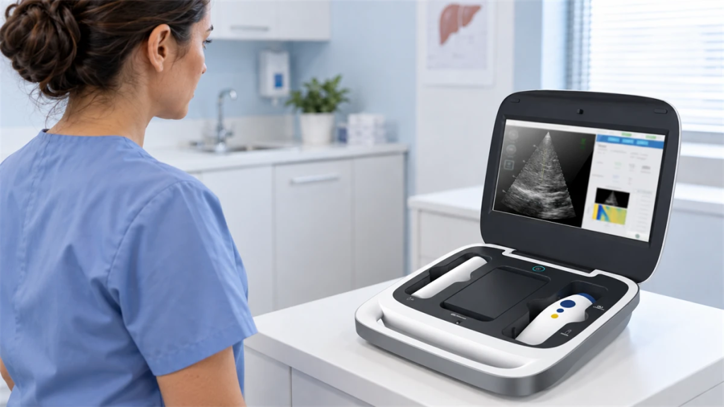 Healthcare worker reviews a Liverscan C liver elastography workstation with wireless probes.