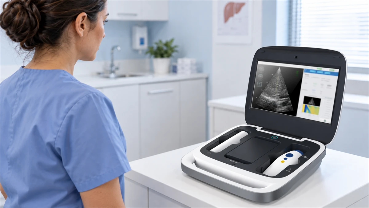 Healthcare worker reviews a Liverscan C liver elastography workstation with wireless probes.