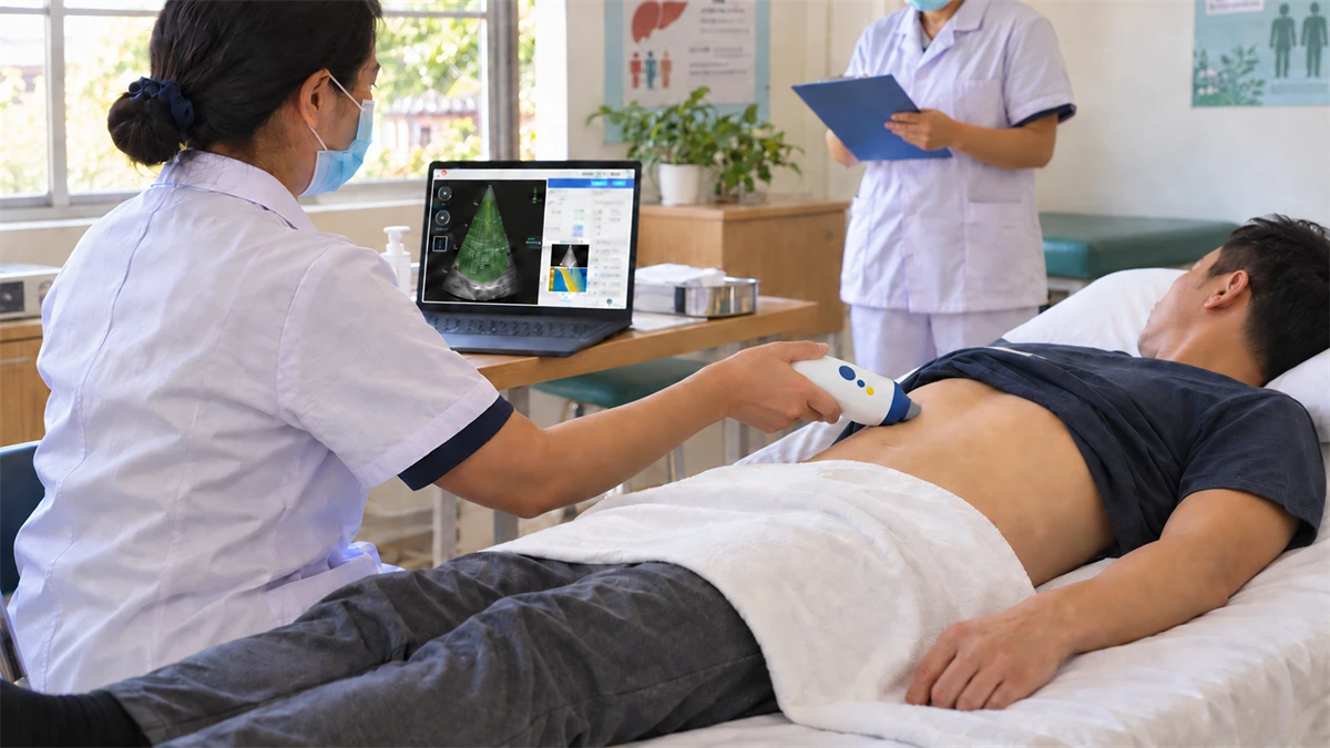 Liverscan Mobile wireless probe used with a flexible terminal in a community liver screening workflow.
